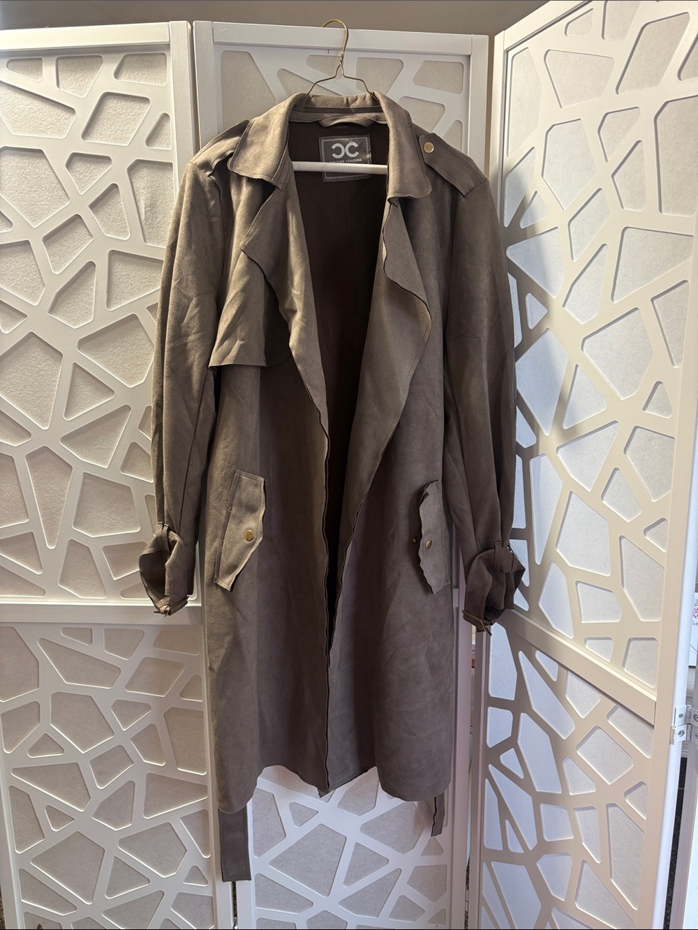 Women's Taupe Trench Coat with Draped Front - Brand Unspecified